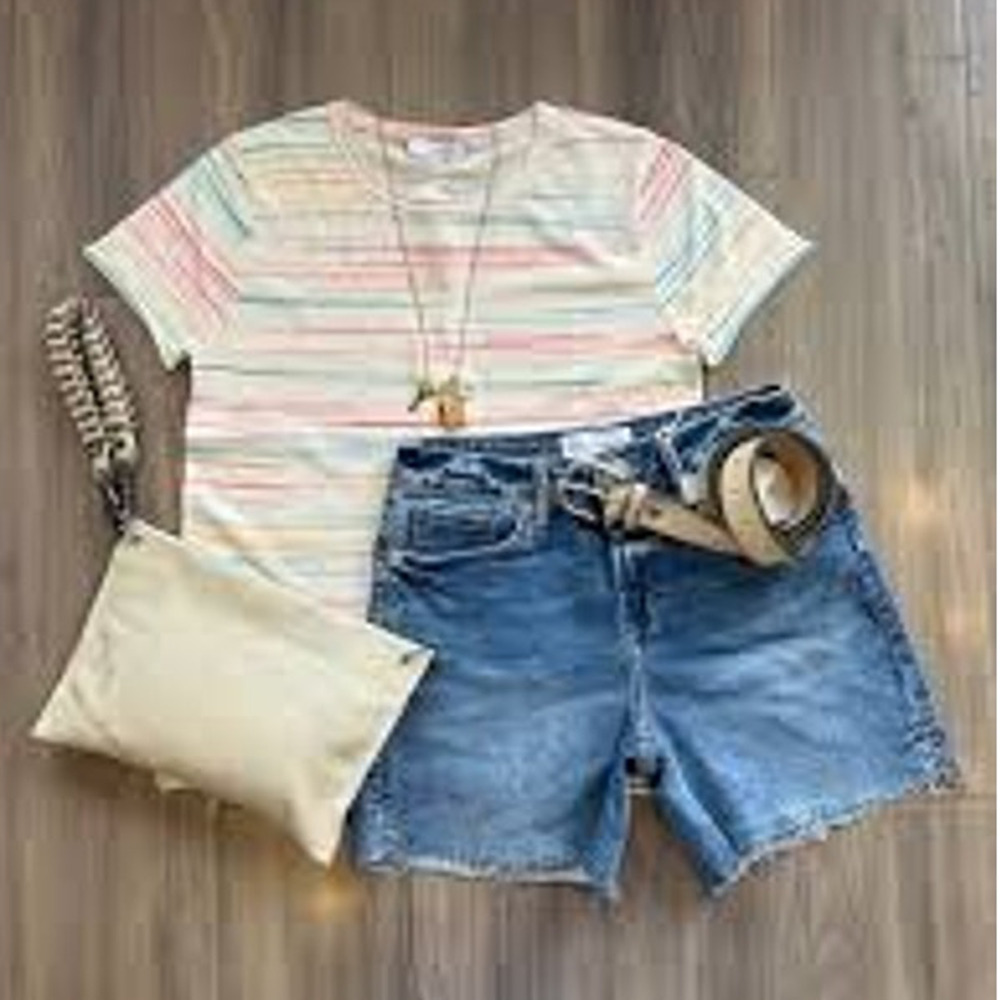 J. Society Short Sleeve Knit Tee Off White Fiesta Stripe 5800-FIE00 NEW Large L